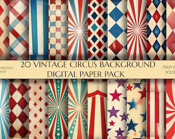 Vintage Zirkus Digitales Papier | 20 Zirkuspapiere| Zirkus Hintergrund | Druckbares Papier | Zirkus Sammelalbum | Serviettentechnik | Tapete | Dekor