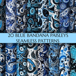 Blue Bandanas Seamless Patterns | 20 Paisley Patterns Seamless Textures | Digital Paper | Blue Bandana | Fabric | Fashion | Printable Papers