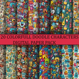 Colorful Doodles Characters | 20 Doodle Characters Digital Paper Pack | Printables | Happy | Colorful | Doodle art | Digital Paper | 300 DPI