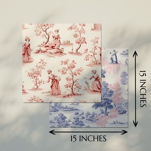 May include: Two 15-inch square pieces of fabric with a toile pattern. The top piece features a red and white design with women in a garden setting. The bottom piece features a blue and white design with a similar garden scene.