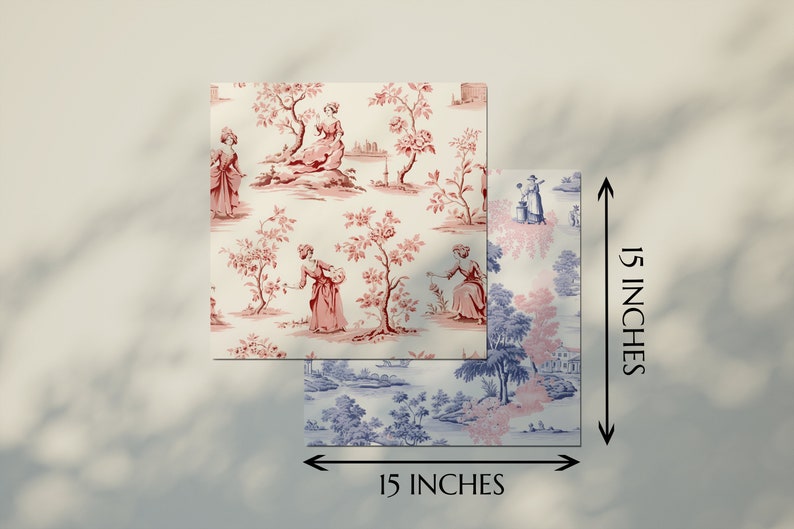 May include: Two 15-inch square pieces of fabric with a toile pattern. The top piece features a red and white design with women in a garden setting. The bottom piece features a blue and white design with a similar garden scene.