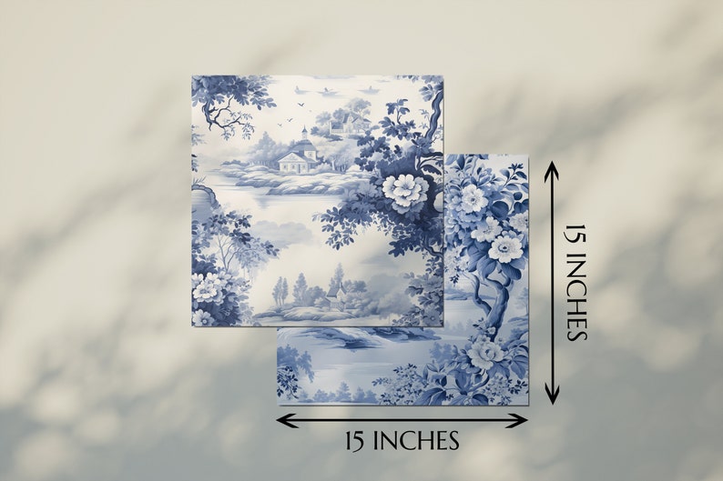 May include: Two 15-inch square blue and white porcelain tiles with a floral and landscape design. The tiles feature a blue and white floral pattern with a landscape scene of a house and trees.