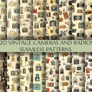May include: A collection of 20 vintage camera and radio seamless patterns. The designs feature various illustrations of antique cameras and radios in a repeating pattern. The text "20 Vintage Cameras and Radios Seamless Patterns" is displayed.