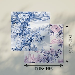 May include: Two 15-inch square fabric panels with a floral pattern. The top panel features a blue and white floral design with a landscape scene. The bottom panel features a pink and blue floral design with a landscape scene.