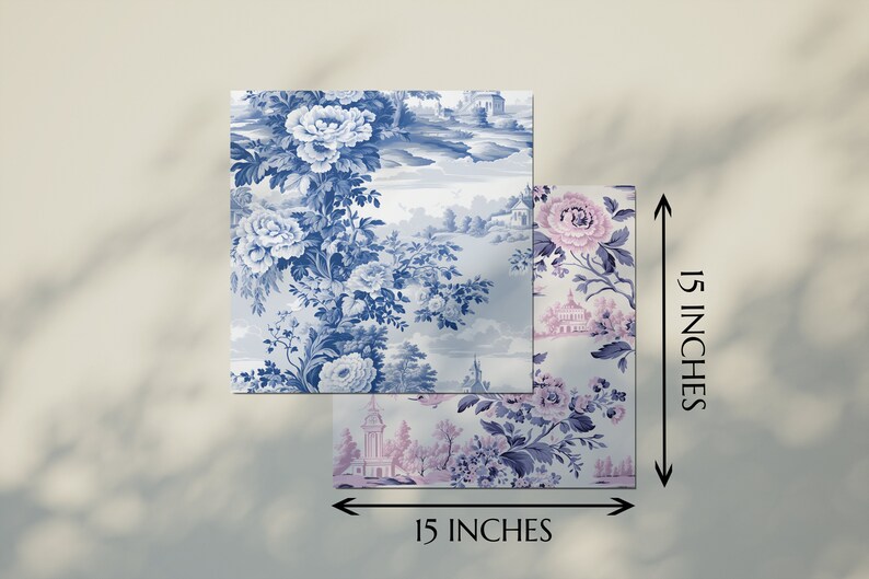 May include: Two 15-inch square fabric panels with a floral pattern. The top panel features a blue and white floral design with a landscape scene. The bottom panel features a pink and blue floral design with a landscape scene.