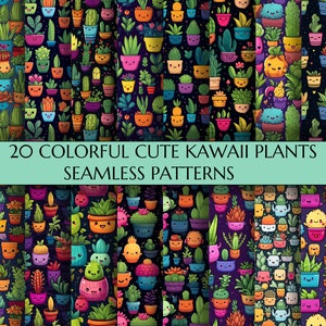 Cute Kawaii Plants Seamless Patterns | Colorful Happy Kawaii Seamless Textures | Printables | Digital Paper | Wrapping Paper | Decor | 15x15