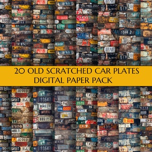 Old Scrached Car Plates Digital Paper Pack | 20 Dusty Car Plates Papers | Scrapbooking | Decoupage | Vintage | Old Car Plates | 300 DPI