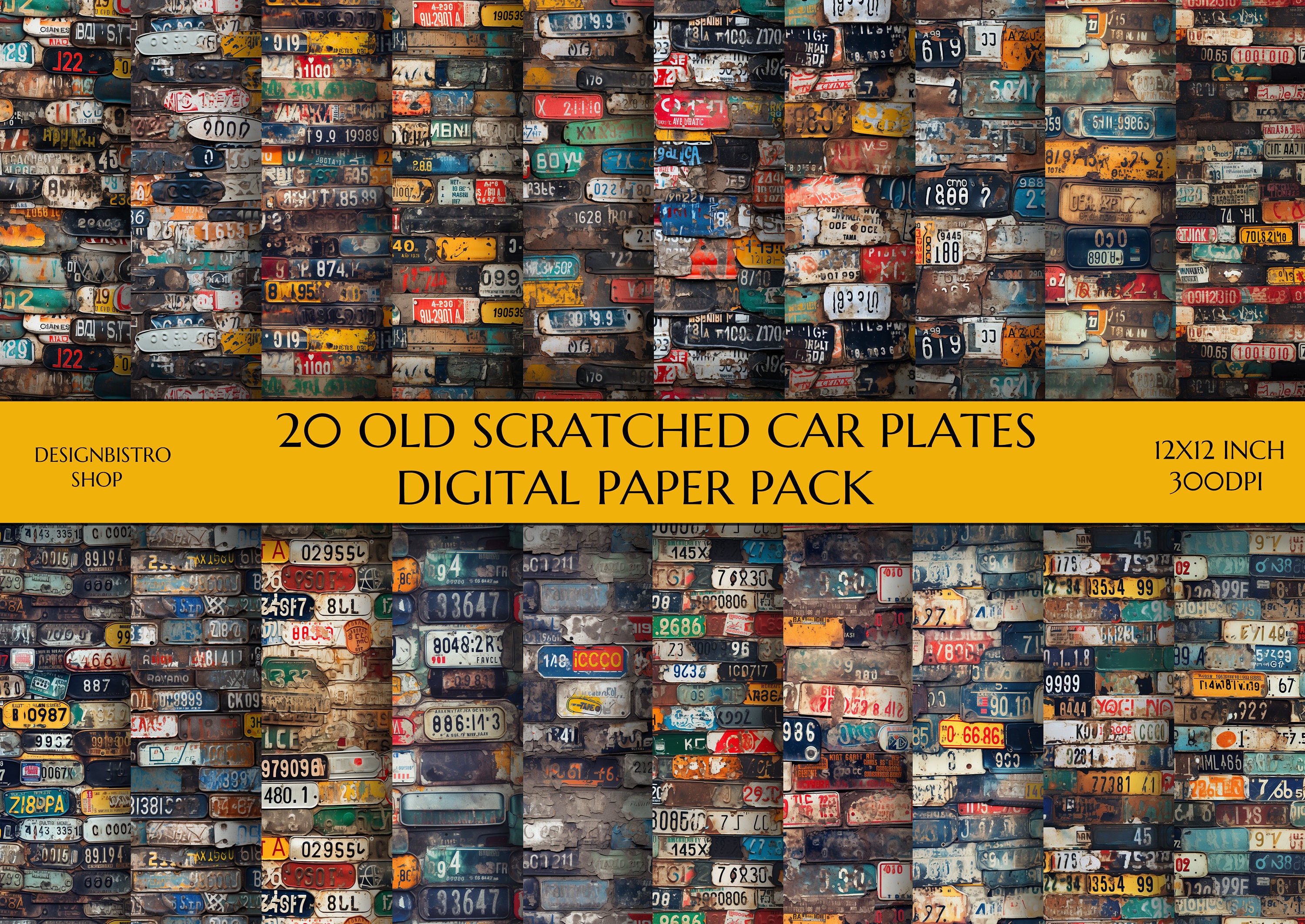 Old Scrached Car Plates Digital Paper Pack | 20 Dusty Car Plates Papers | Scrapbooking | Decoupage | Vintage | Old Car Plates | 300 DPI