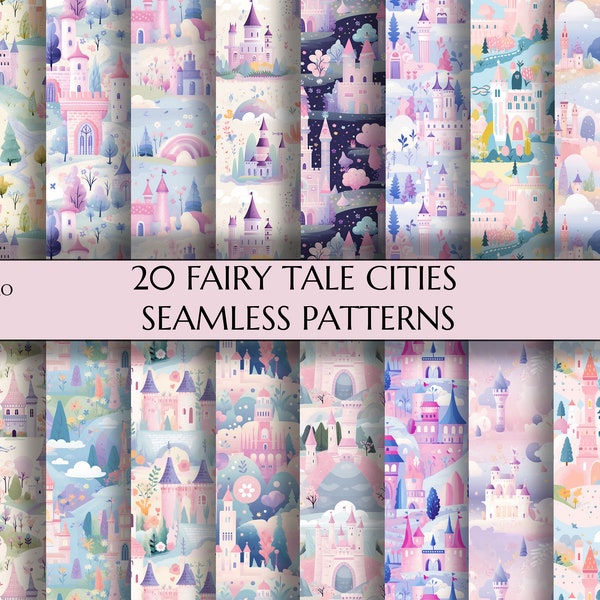 Fairy Tale Cities Seamless Patterns | 20 Princess City Seamless Textures | Rolling Hills | For Girls | Printable Paper | Wall Decor | 300DPI