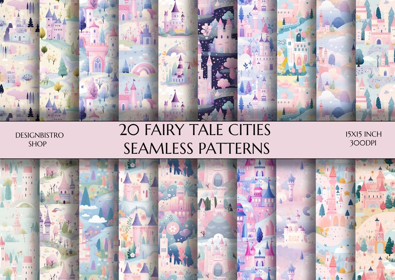 Fairy Tale Cities Seamless Patterns | 20 Princess City Seamless ...