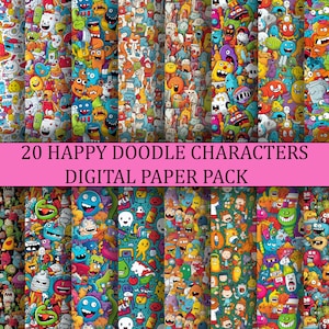 Happy Doodle Character Digital Paper Pack | 20 Colorful Doodle character Papers | Printables | Digital Paper | Home Decor | 300DPI | 12x12