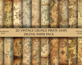 Vintage Pirate Maps Digital Paper Pack | 20 Pirate Maps Grunge and Dusty Papers | Scrapbooking | Decoupage | Art | Home Decor | Junk Journal