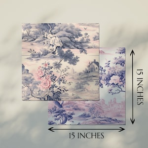 May include: A vintage wallpaper design featuring a repeating pattern of blue and pink floral motifs, houses, and trees. The wallpaper is 15 inches by 15 inches.