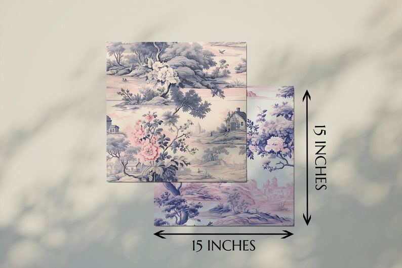 May include: A vintage wallpaper design featuring a repeating pattern of blue and pink floral motifs, houses, and trees. The wallpaper is 15 inches by 15 inches.