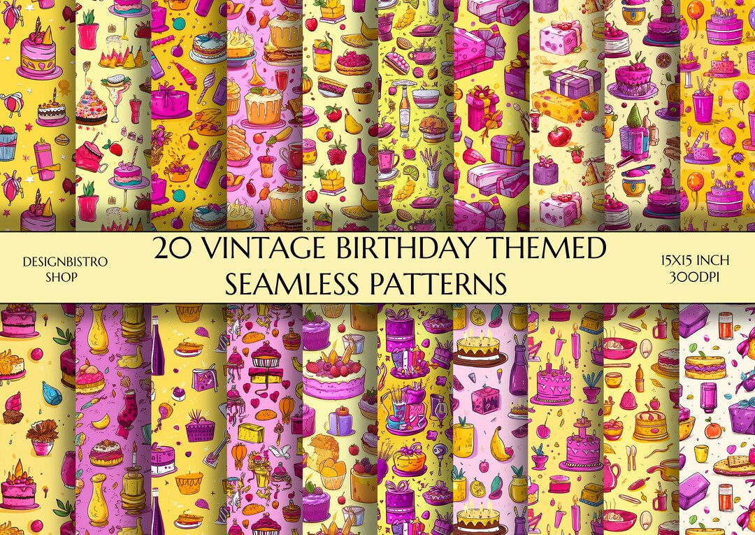 Vintage Birthday Themed Seamless Patterns | 20 Gifts and Cakes Seamless ...