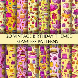 Vintage Geburtstag Themen-nahtlose Muster | 20 Geschenke Und Kuchen Seamless Textures | Geschenkpapier | Digitales Papier | Printables | Wohndeko