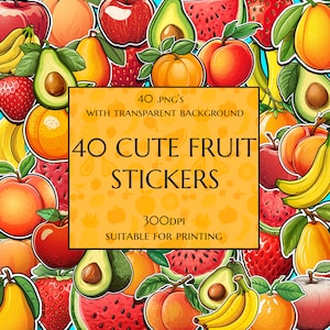 Autocollants de fruits mignons | 40 autocollants de fruits colorés | Pack d’autocollants | Téléchargement numérique | Imprimables | Coloré | Convient pour l'impression | 300 DPI