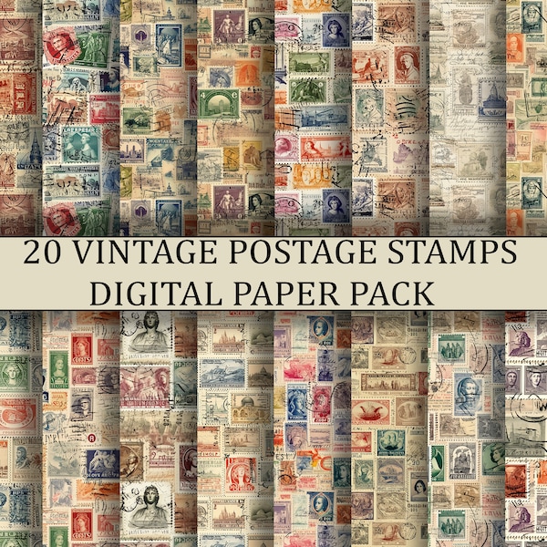 Vintage Postage Stamps Digital Paper Pack | 20 Dusty Looking Postage Stamp Papers | Digital Paper | Scrapbooking | decoupage | 300 DPI