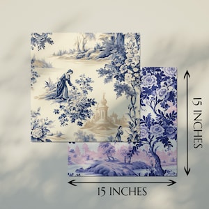 May include: Two 15-inch square fabric panels with a blue and white floral pattern. The top panel features a scene with a woman in a blue dress and a small building. The bottom panel features a scene with a lake and trees.