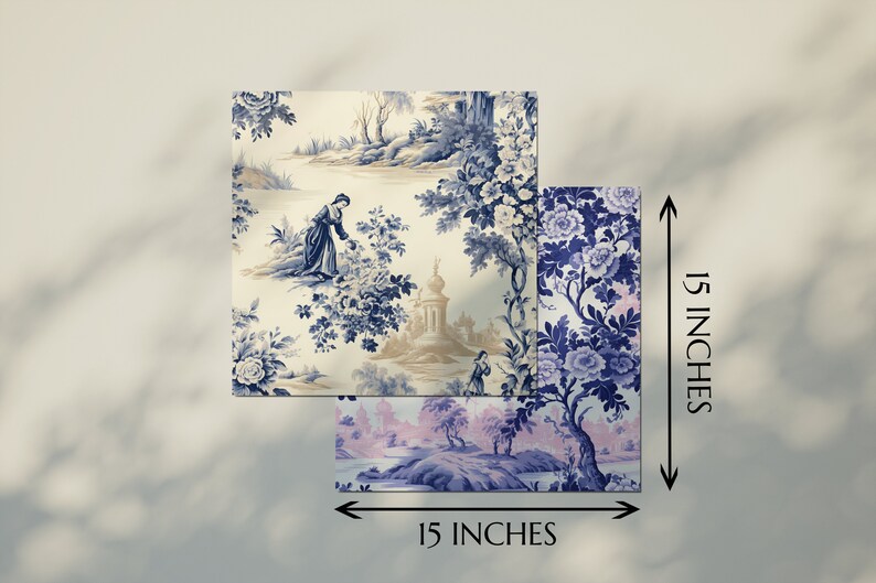 May include: Two 15-inch square fabric panels with a blue and white floral pattern. The top panel features a scene with a woman in a blue dress and a small building. The bottom panel features a scene with a lake and trees.