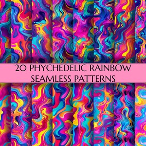 Peut inclure: 20 motifs numériques sans couture avec des tourbillons arc-en-ciel psychédéliques dans des couleurs vibrantes. Chaque motif mesure 15x15 pouces et 300 DPI.
