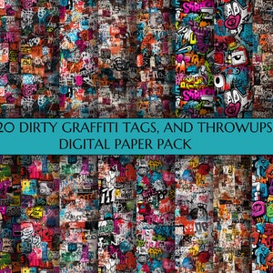 May include: A digital paper pack with 20 different designs of graffiti tags and throwups. The designs are in a variety of colors and styles, and they are all set against a white background. The text on the image reads "20 DIRTY GRAFFITI TAGS, AND THROWUPS DIGITAL PAPER PACK 12X12 INCH 300DPI".