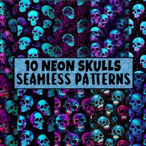Neon Skulls Seamless Patterns | 10 Colorful Skulls Seamless Textures | Vibrant Colors | Retro Skulls | Spooky | Halloween | Scrapbooking