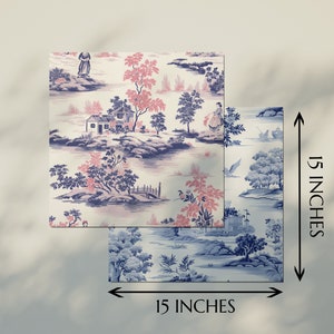 May include: Two 15-inch square pieces of fabric with a blue and pink floral pattern. The fabric features a repeating design of trees, houses, and figures in a landscape setting.