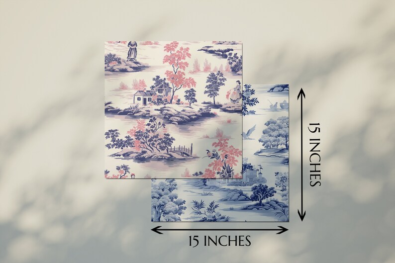 May include: Two 15-inch square pieces of fabric with a blue and pink floral pattern. The fabric features a repeating design of trees, houses, and figures in a landscape setting.