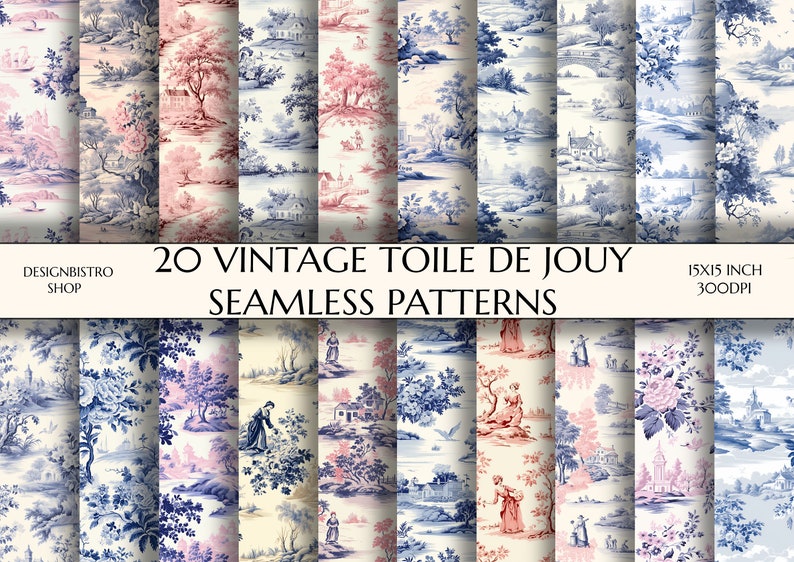 May include: 20 vintage toile de jouy seamless patterns in blue, pink, and white. Each pattern is 15x15 inches and 300dpi.