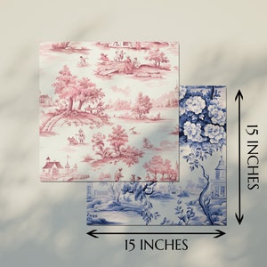 May include: Two 15-inch square patterned fabric samples. One sample features a pink and white toile pattern with a pastoral scene. The other sample features a blue and white toile pattern with a floral design.