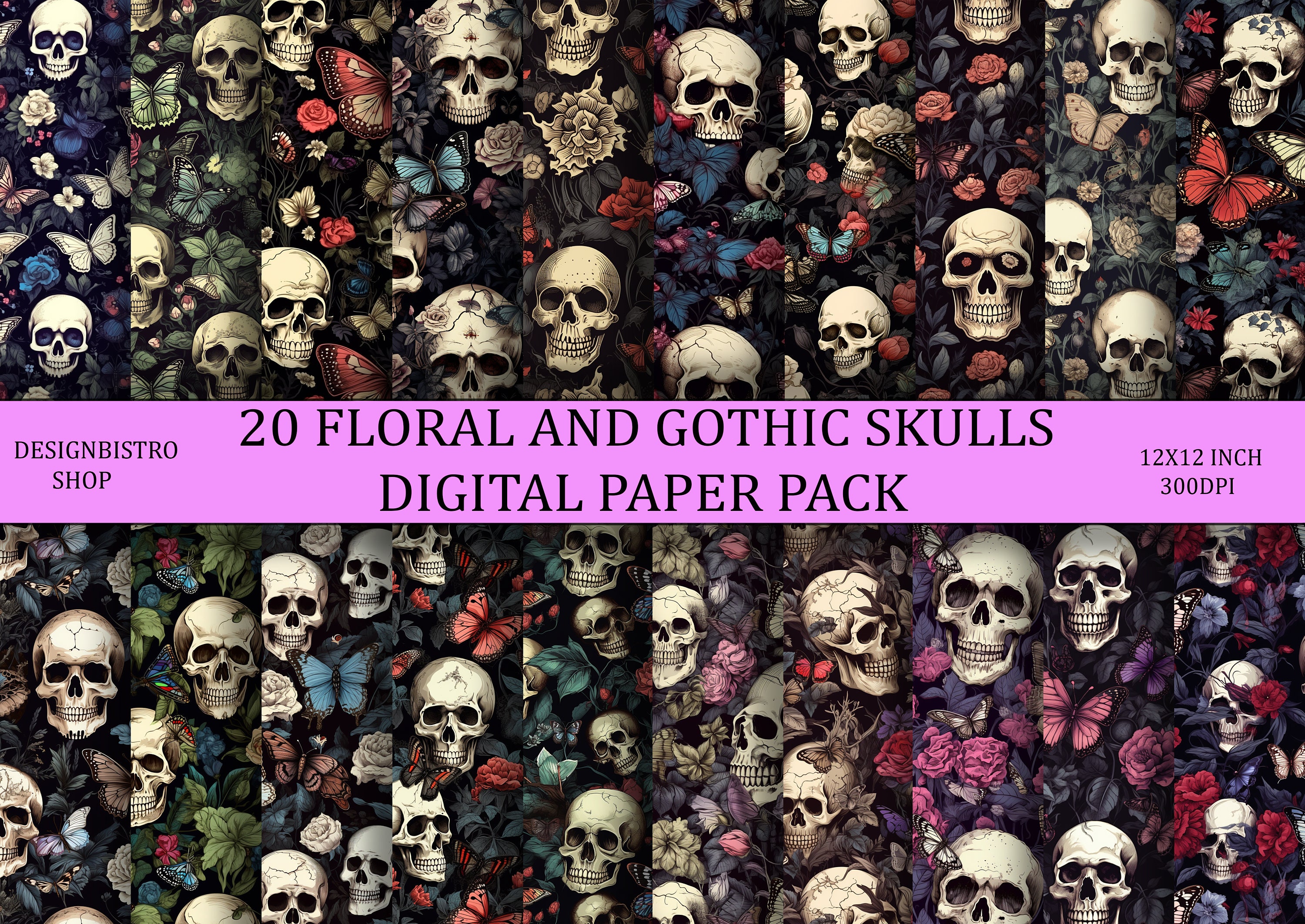 Gothic Skulls Digital Paper Pack | 20 Gothic Skull Digital Papers ...