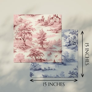 May include: Two 15-inch square tiles with a vintage floral pattern. The top tile is pink with a red floral design and the bottom tile is blue with a blue floral design.