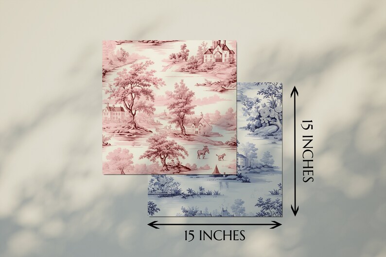 May include: Two 15-inch square tiles with a vintage floral pattern. The top tile is pink with a red floral design and the bottom tile is blue with a blue floral design.