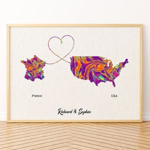 Impression de carte de la France et des États-Unis, art mural sur toile, carte personnalisée de tous les pays ou états, carte affiche personnalisée, cadeau pour la famille et les amis