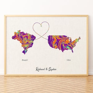 Impresión de mapas de Brasil y EE. UU., cualquier país o estado, arte de pared de lienzo de mapa personalizado, mapa de póster personalizado, regalo para familiares y amigos
