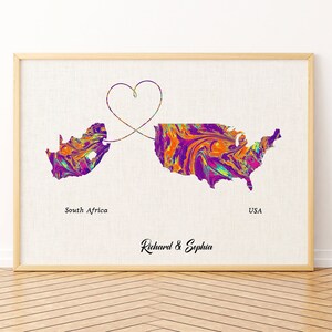 Impression de carte d'Afrique du Sud et des États-Unis, art mural sur toile, carte personnalisée de tous les pays ou états, carte affiche personnalisée, cadeau pour la famille et les amis