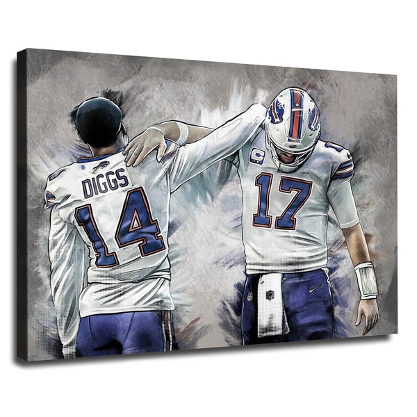 Josh Allen Stefon Diggs Canvas Print, Buffalo Bills Players Hand Made Drawing Poster and Canvas Framed Wall Art, Motivational Prints