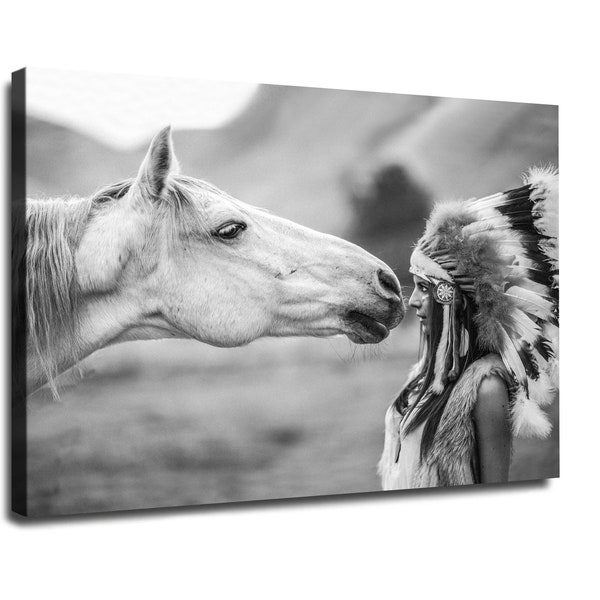 Indian Girl with Horse Canvas Wall Art, Horse Poster Print, Native Americans Wall Decor