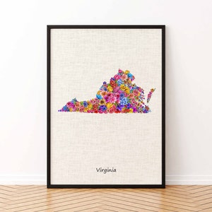 Virginia State From Flowers Artwork Canvas Print, Poster State Floral Drawing Wall Art