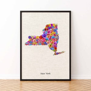 Impression sur toile, impression sur toile, impression sur toile, art floral représentant l'état de New York, art mural, dessin floral de l'état de New York