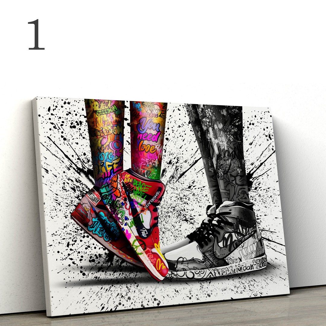 Love in Jordan Shoes Canvas Wall Art Print, Graffiti Shoes Poster and Framed Canvas Drawing
