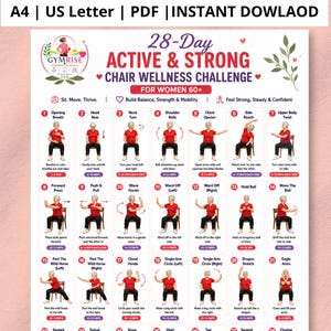 Peut inclure: Un tableau de fitness numérique intitulé 28-Day Active & Strong Chair Wellness Challenge for Women 60+ présentant 28 illustrations numérotées d'une personne effectuant des exercices assis sur une chaise, avec des instructions et des répétitions.