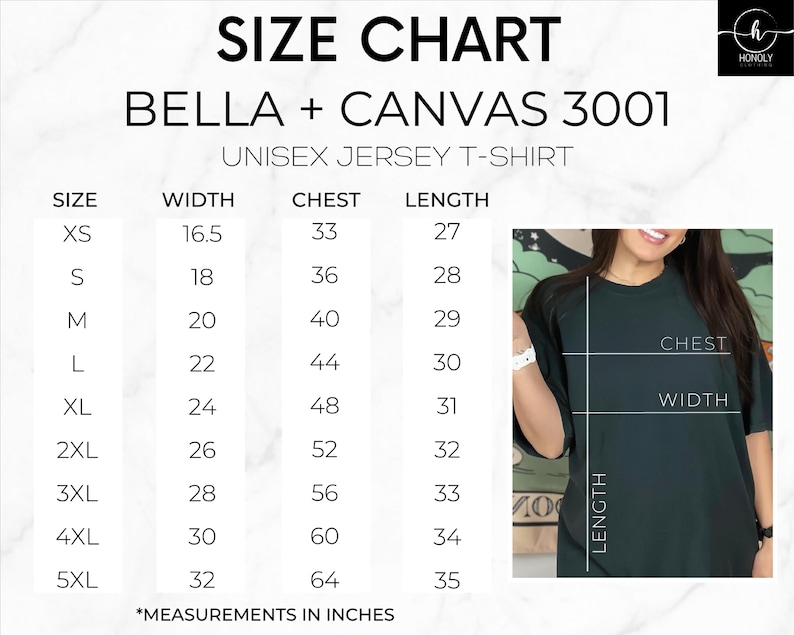 以下が含まれることがあります： Bella + Canvas 3001 ユニセックスジャージTシャツのサイズチャート。チャートは、XSから5XLまでのサイズについて、幅、胸囲、着丈をインチで示しています。