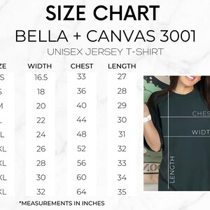 May include: Size chart for Bella + Canvas 3001 unisex jersey t-shirts. The chart shows measurements in inches for width, chest, and length for sizes XS to 5XL.