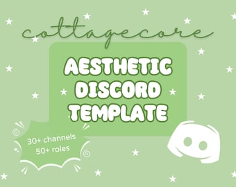 May include: Aesthetic Discord template with a cottagecore theme. The design features the text "cottagecore" in a handwritten font, along with "Aesthetic Discord Template" in a bold, rounded font. Includes 30+ channels and 50+ roles. The background is light green with white stars.