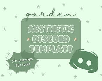 Op de afbeelding: Een groene en witte afbeelding met de tekst "garden aesthetic discord template" en een groen Discord-logo. De afbeelding bevat ook de tekst "30+ channels 50+ roles" in een spraakballon.