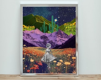 Retro collageprint | Surrealistisch landschap | Kosmische kunst | Ruimtemuurkunst | Reiskunst | Vintage poster | AFDRUKBARE muurkunst | DIRECT downloaden