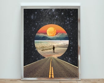 Retro Space Road Collage Print | Trippy Art | Cosmic Artwork | Space Wall Art | Vintage Poster | PRINTABLE Wall Art | INSTANT Download