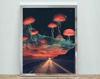 Celestial JellyFish | Surreal Collage Artwork | Ocean Art | Trippy Wall Decor | Cosmic Cityscape | PRINTABLE Wall Art | INSTANT Download